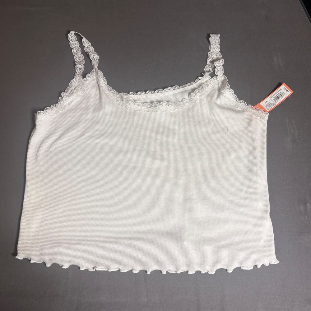 Colsie White Ribbed Lace Trim Camisole Tank Top XL Lettuce Edge Hem NEW